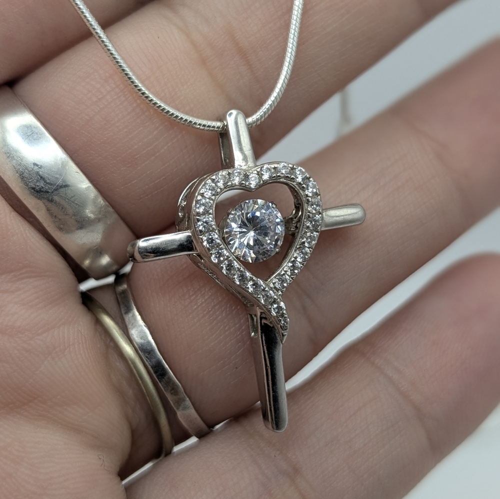 Sterling Silver Floating Heart Cross CZ Necklace 16 Inches